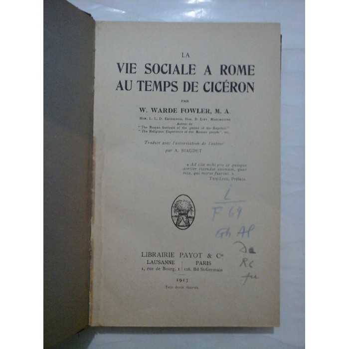 LA  VIE  SOCIALE  A  ROME  AU  TEMPS  DE  CICERON  -  W. WARDE  FOWLER, M. A.